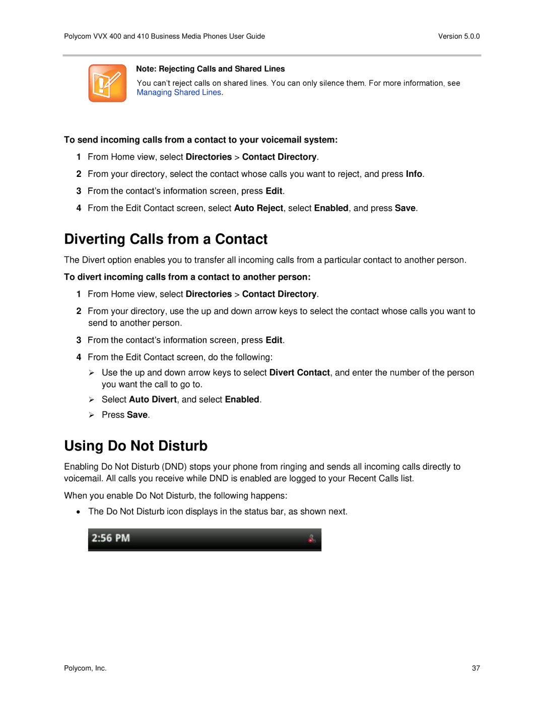 Polycom VVX400 manual Diverting Calls from a Contact, Using Do Not Disturb 