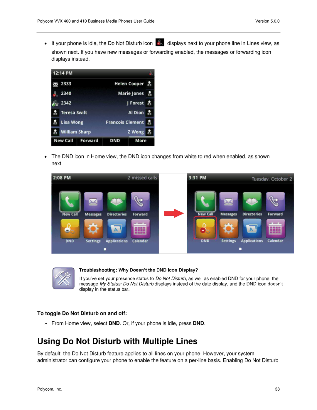 Polycom VVX400 manual Using Do Not Disturb with Multiple Lines, To toggle Do Not Disturb on and off 