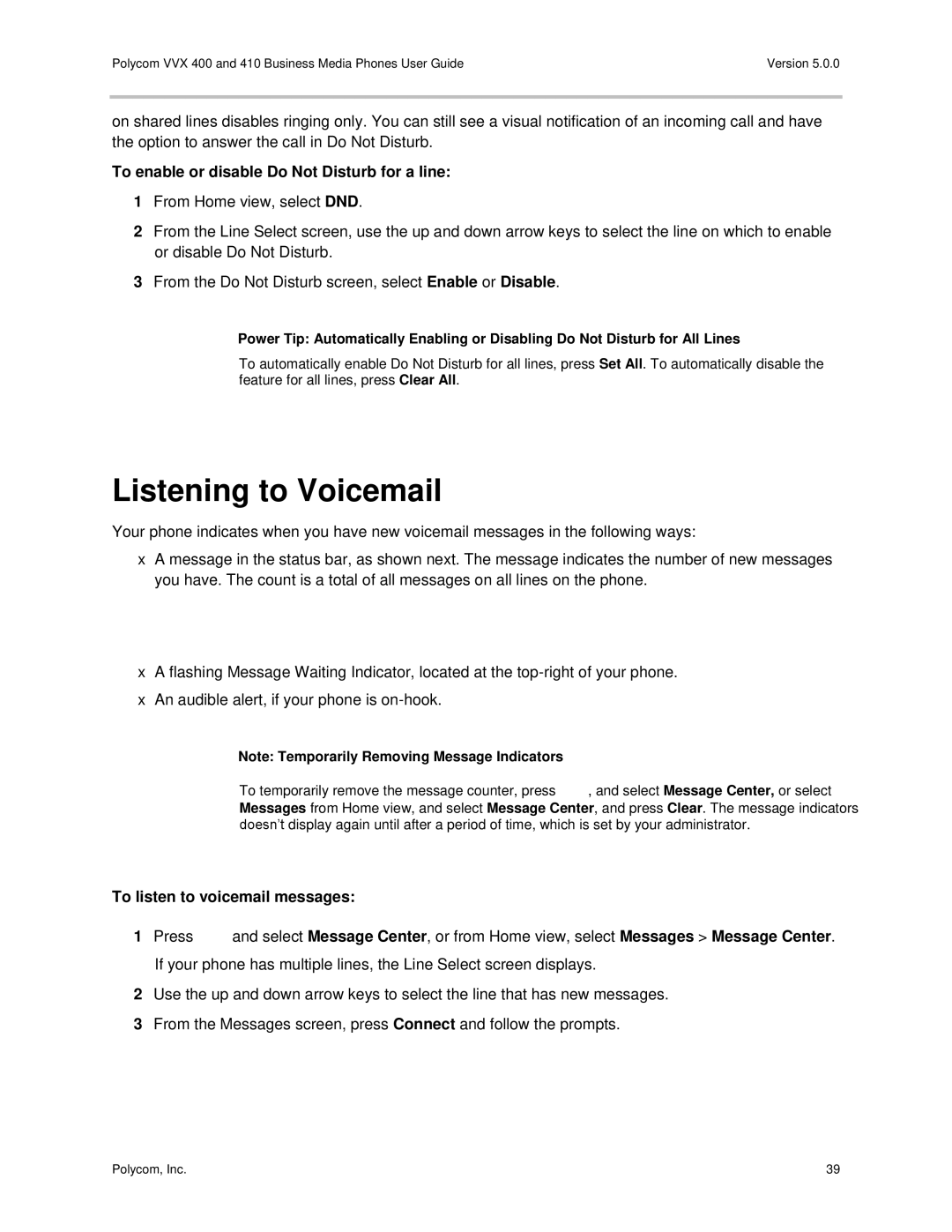 Polycom 400 manual Listening to Voicemail, To enable or disable Do Not Disturb for a line, To listen to voicemail messages 