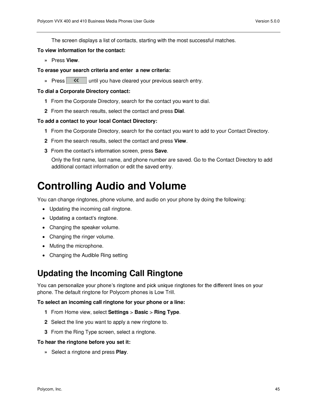 Polycom VVX400 manual Controlling Audio and Volume, Updating the Incoming Call Ringtone 