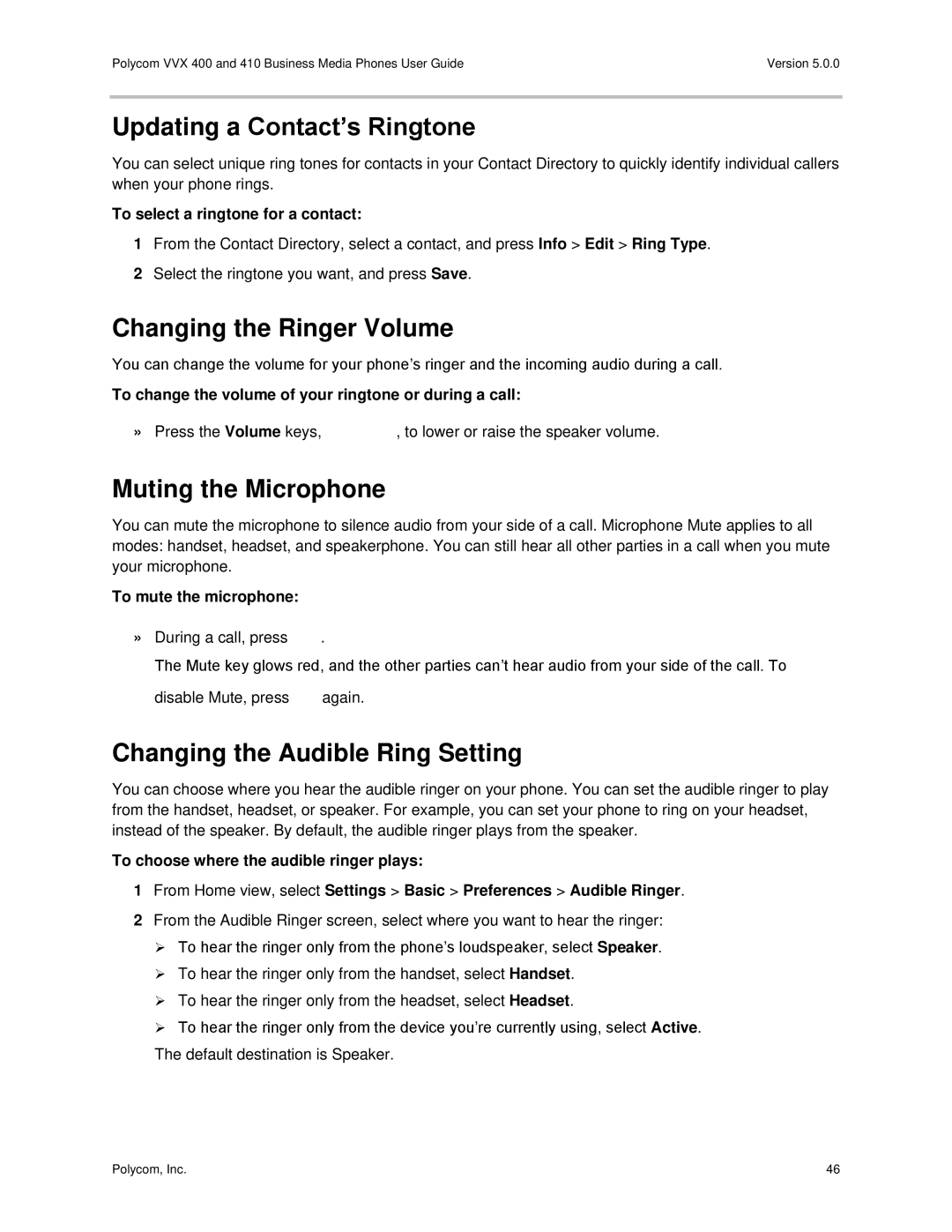 Polycom VVX400 manual Updating a Contact’s Ringtone, Changing the Ringer Volume, Muting the Microphone 