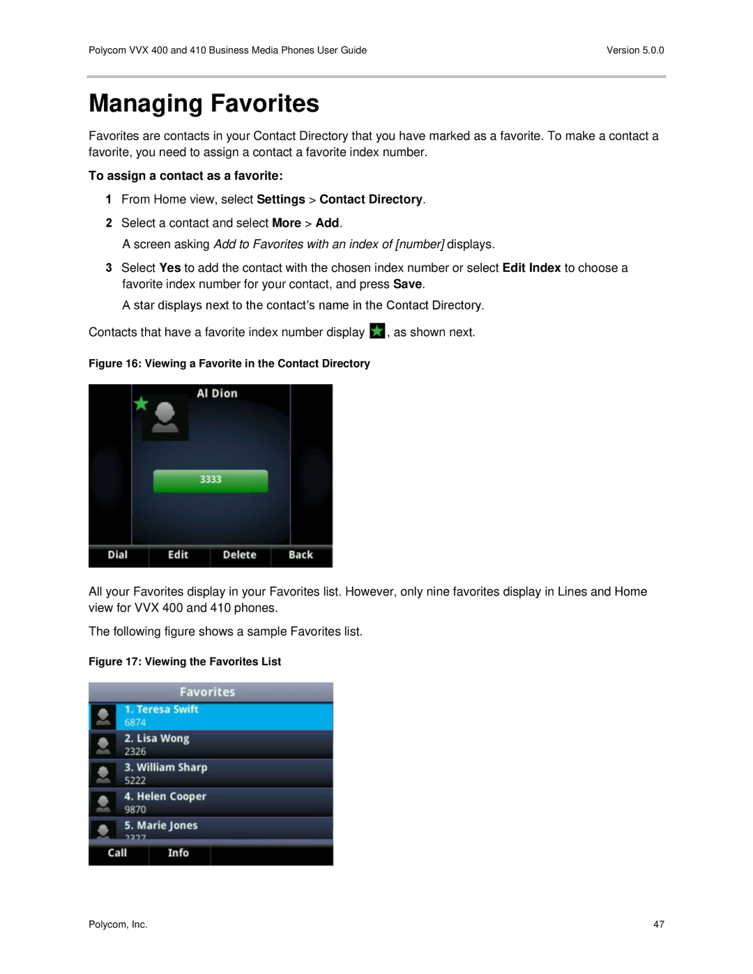 Polycom VVX400 manual Managing Favorites, To assign a contact as a favorite 