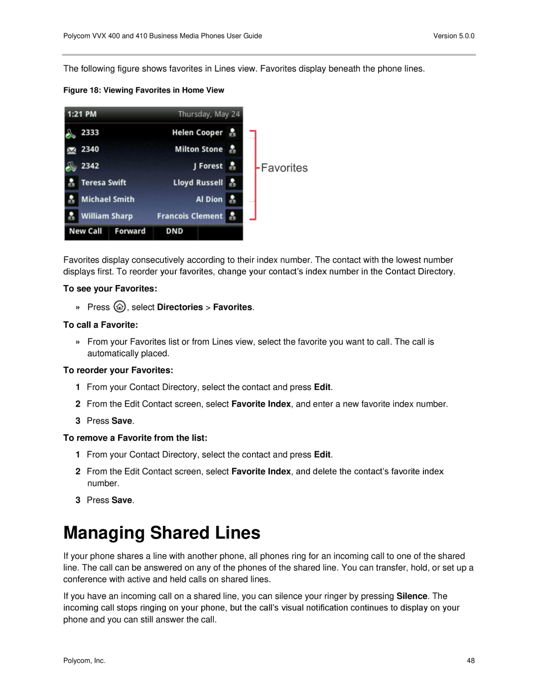 Polycom VVX400 manual Managing Shared Lines, To reorder your Favorites, To remove a Favorite from the list 