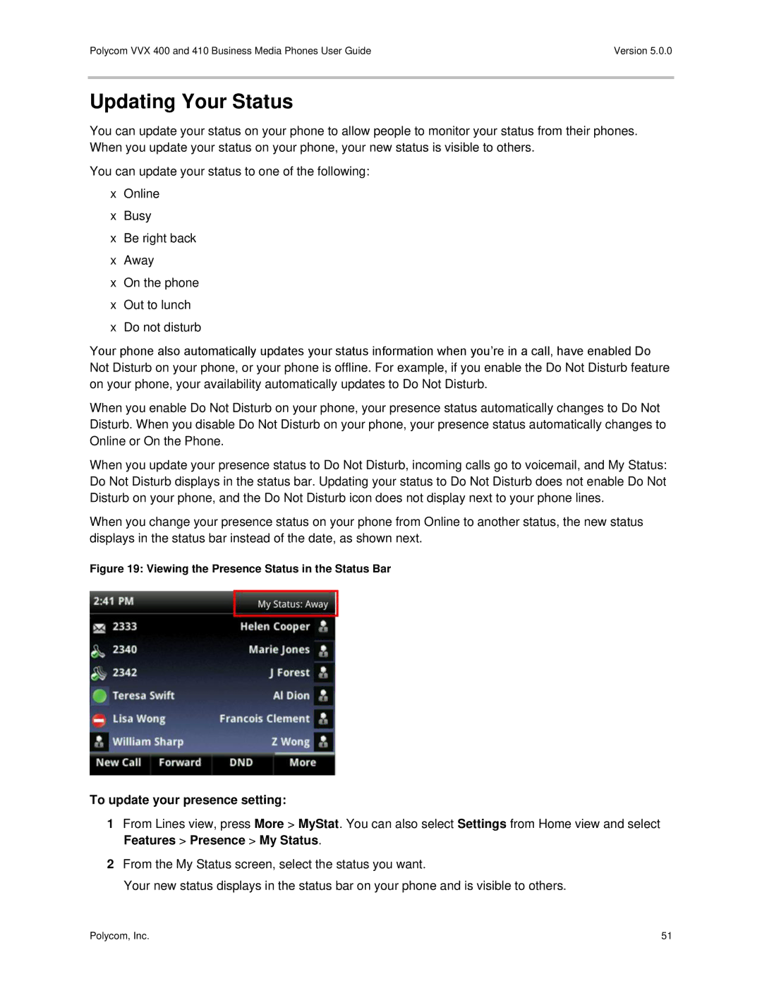 Polycom VVX400 manual Updating Your Status, To update your presence setting 