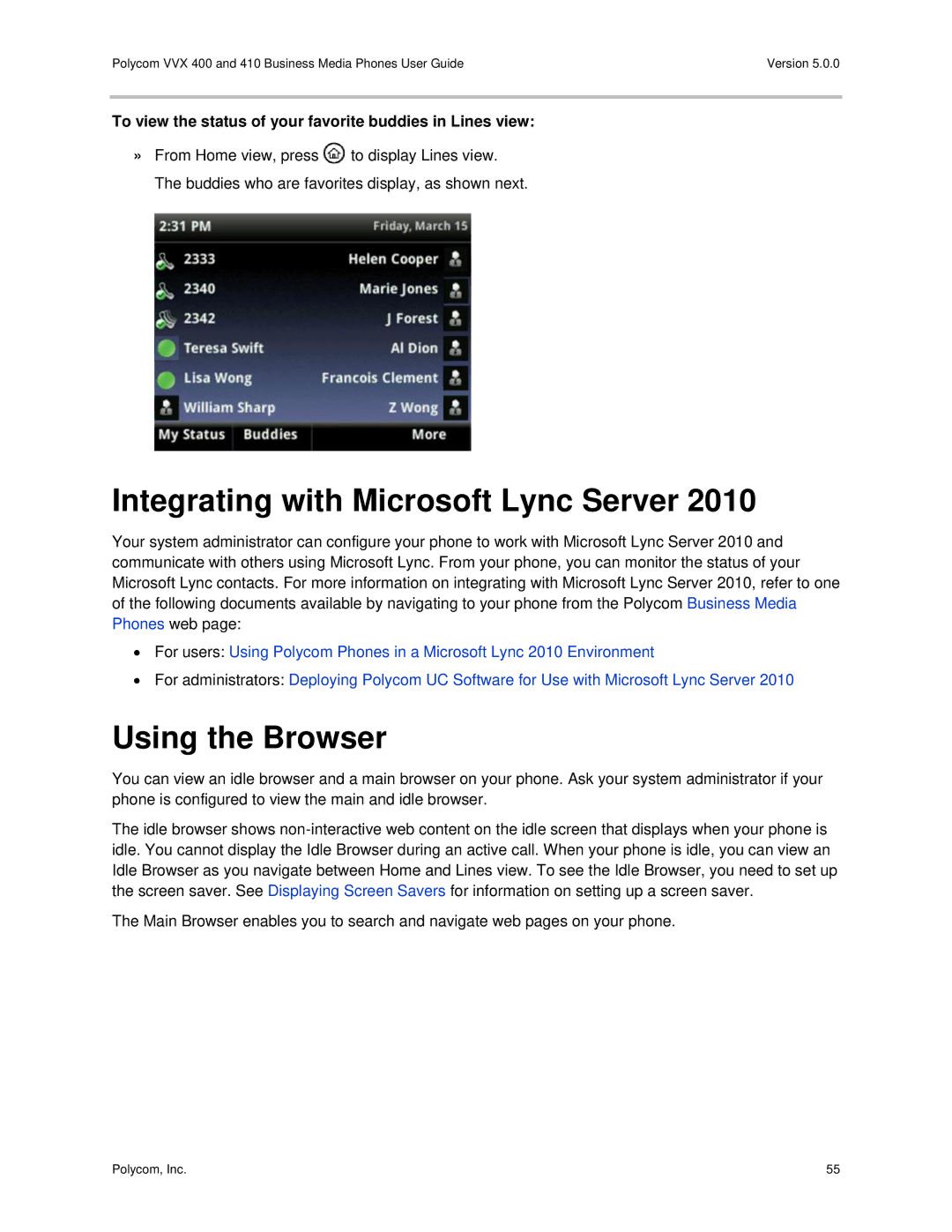 Polycom VVX400 manual Integrating with Microsoft Lync Server, Using the Browser 