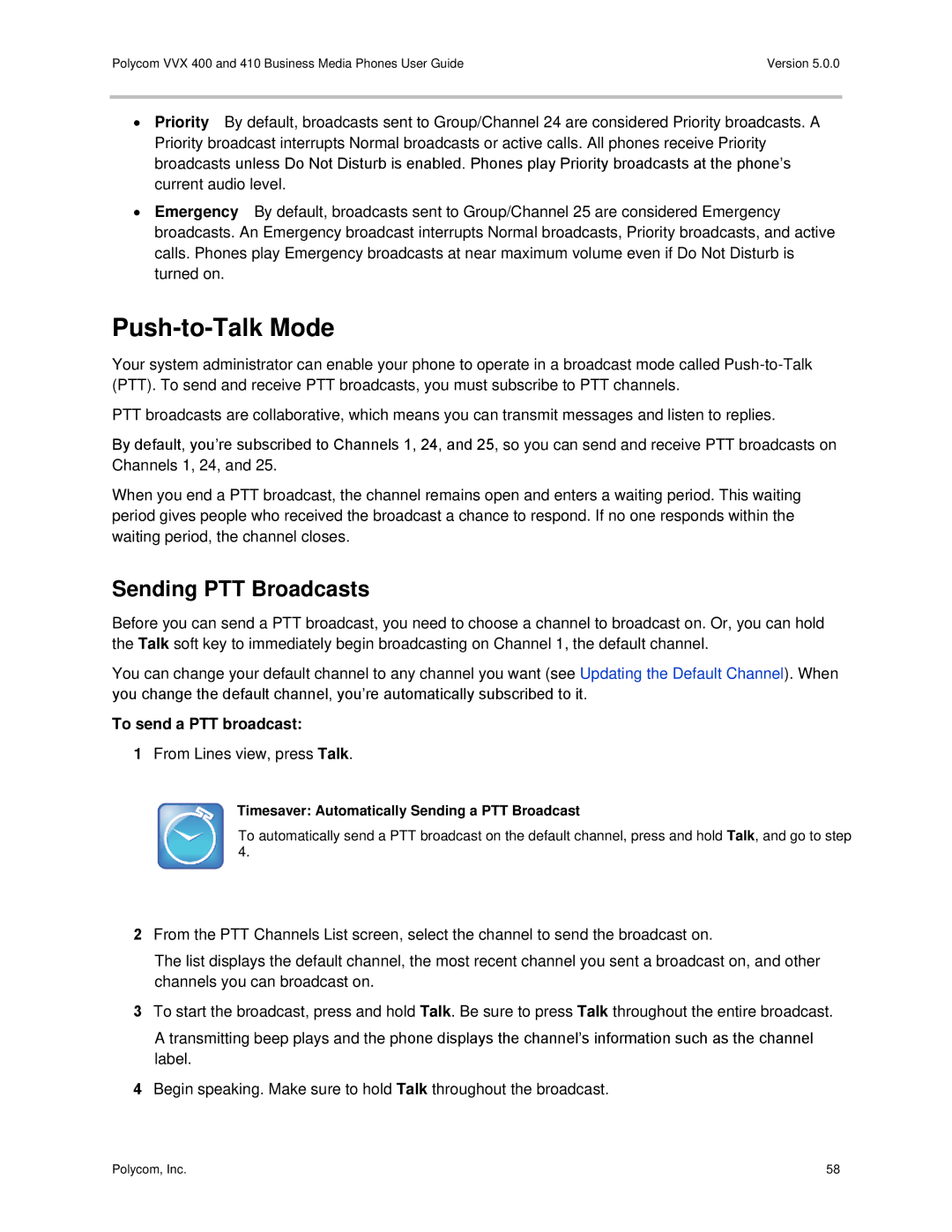 Polycom VVX400 manual Push-to-Talk Mode, Sending PTT Broadcasts, To send a PTT broadcast 