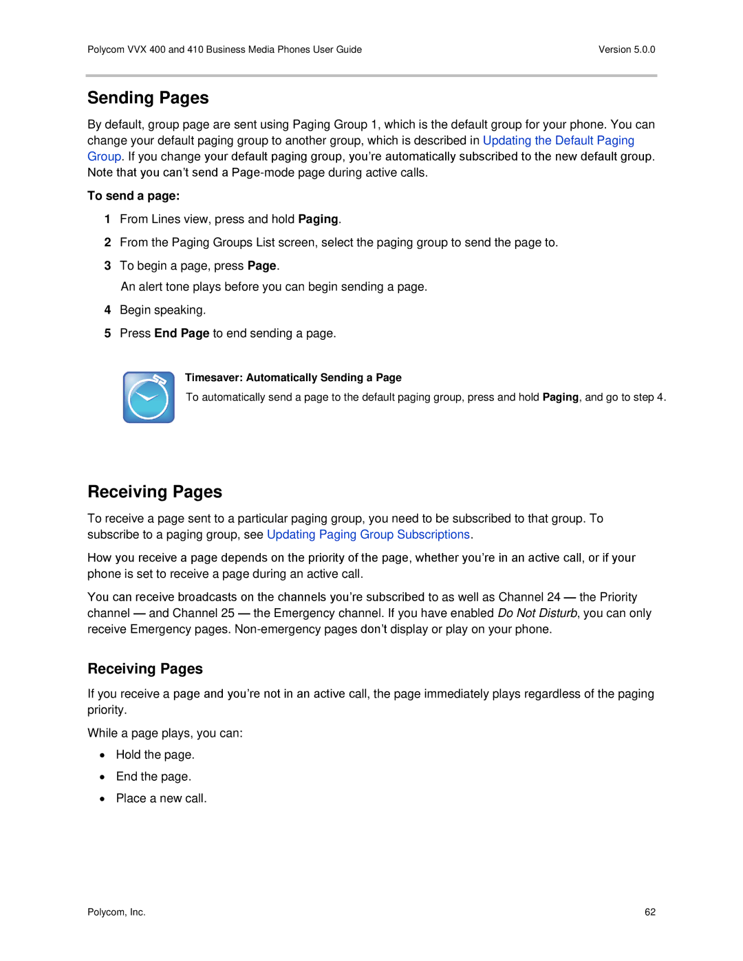 Polycom VVX400 manual Sending Pages, Receiving Pages, To send a, Timesaver Automatically Sending a 