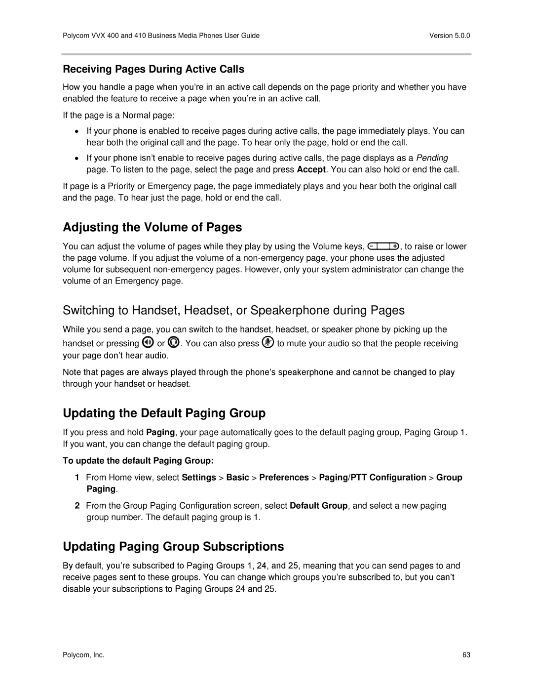 Polycom VVX400 Adjusting the Volume of Pages, Updating the Default Paging Group, Updating Paging Group Subscriptions 