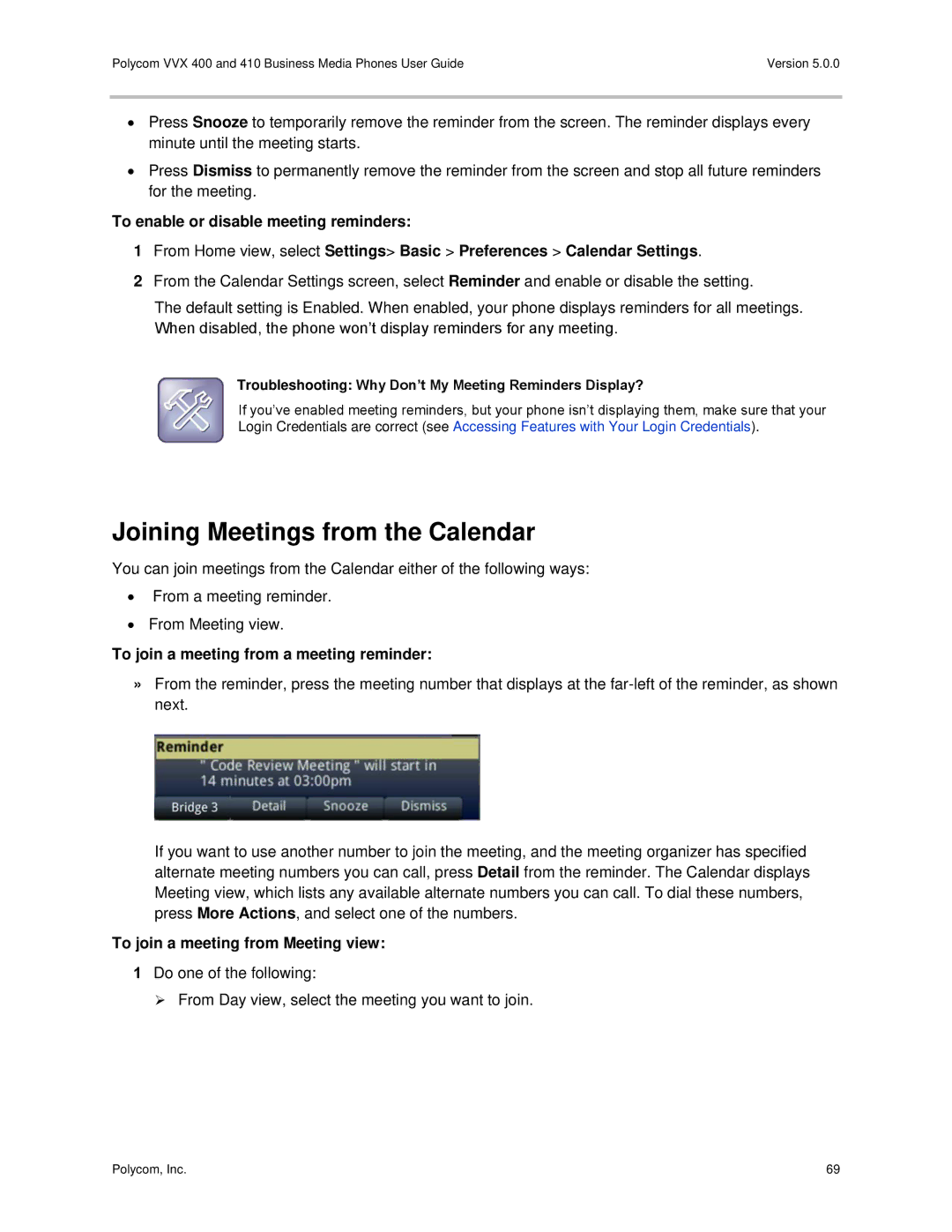 Polycom VVX400 manual Joining Meetings from the Calendar, To join a meeting from a meeting reminder 