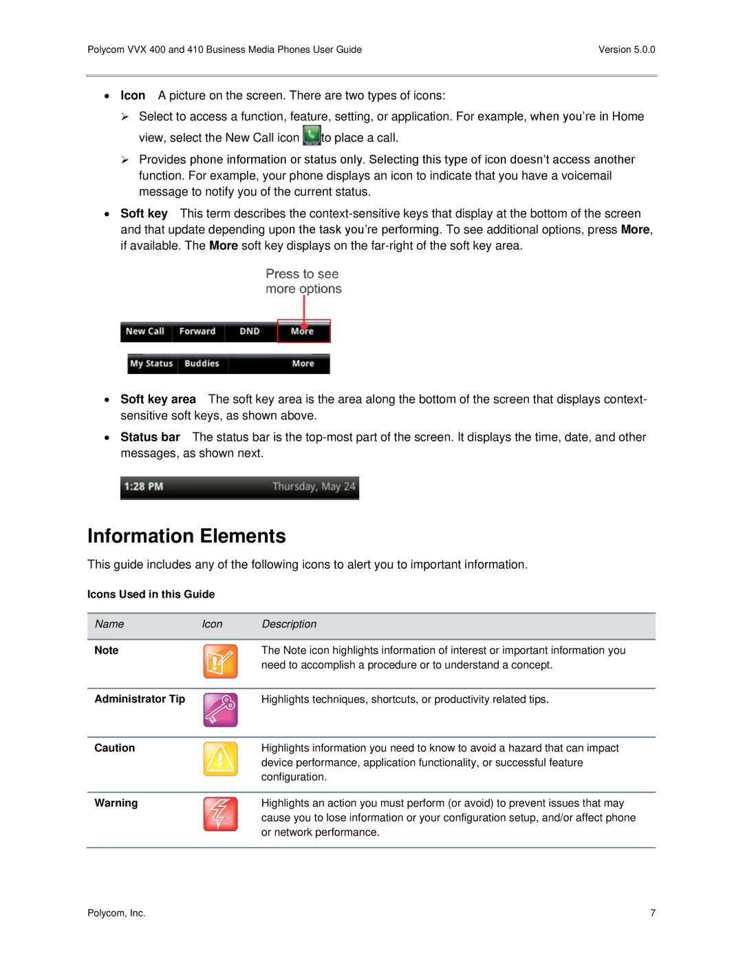 Polycom VVX400 manual Information Elements, Icons Used in this Guide 