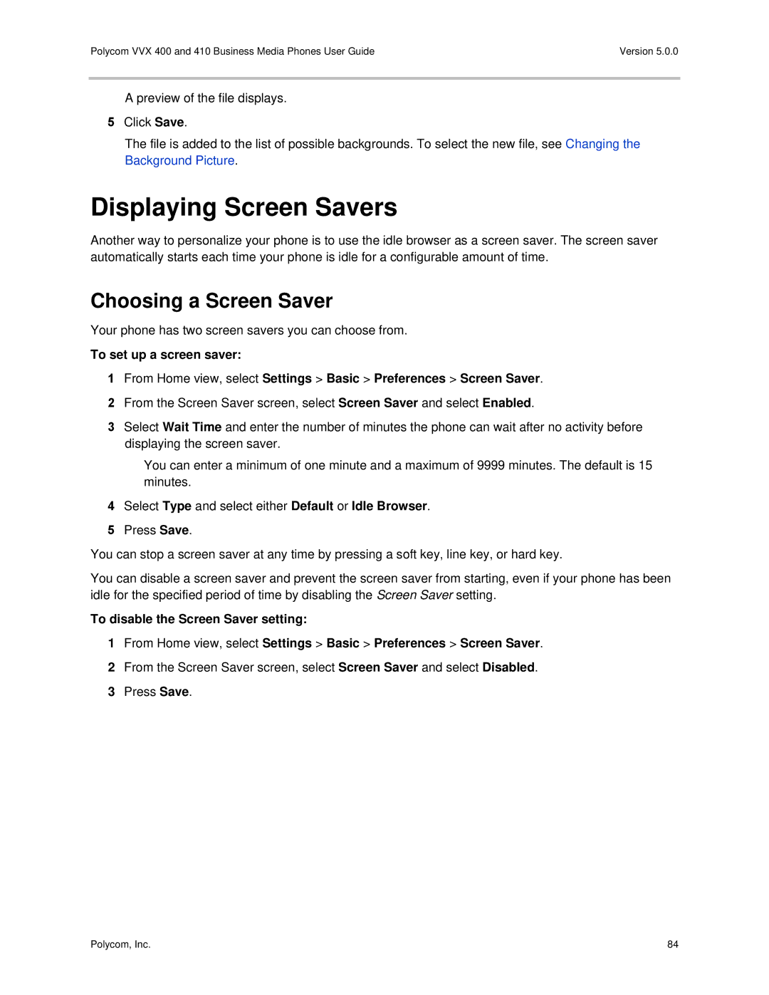 Polycom VVX400 manual Displaying Screen Savers, Choosing a Screen Saver 