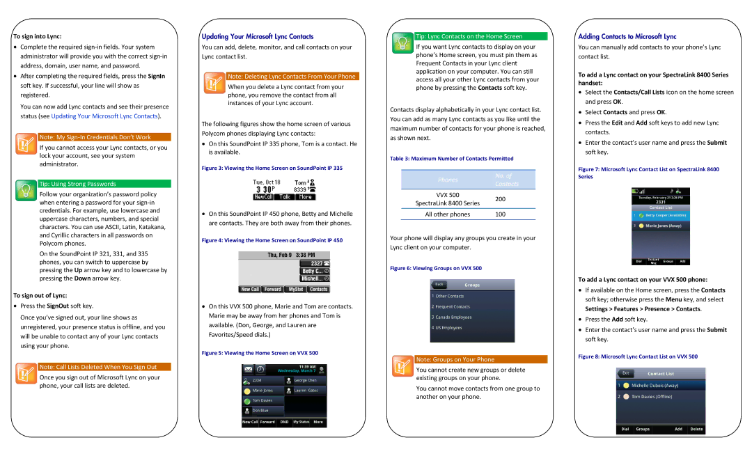 Polycom VVX500 manual To sign into Lync, To sign out of Lync, Phones No. Contacts VVX 200 