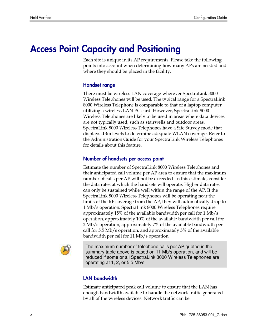 Polycom 2102 Access Point Capacity and Positioning, Handset range, Number of handsets per access point, LAN bandwidth 