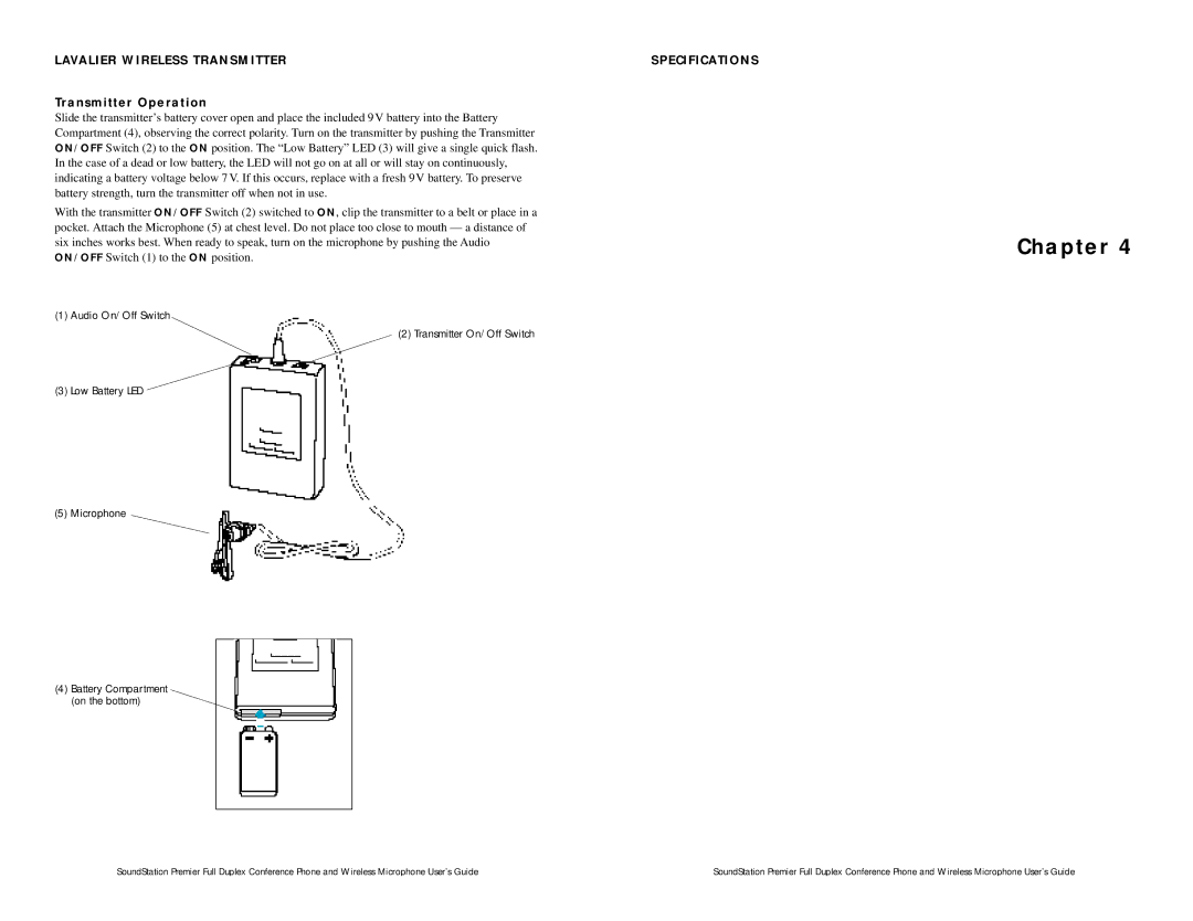 Polycom Wireless Microphone System Lavalier Wireless Transmitter Specifications, Transmitter Operation 