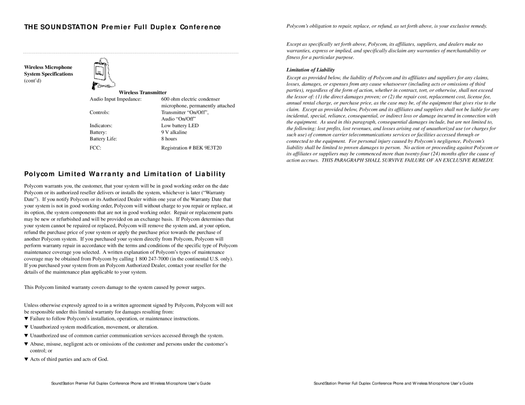 Polycom installation instructions Wireless Microphone System Specifications, Wireless Transmitter 