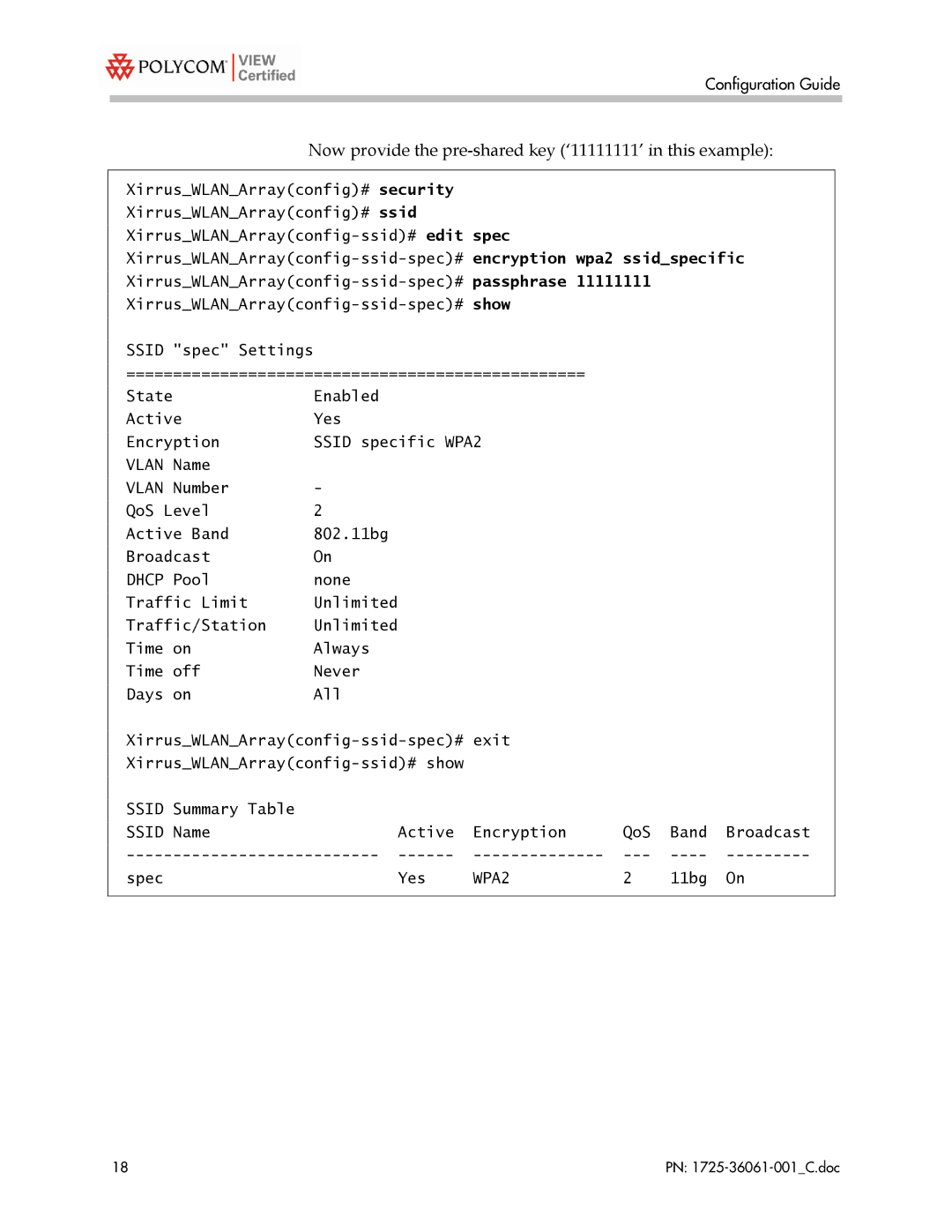 Polycom XS-3900, XS-3500, XS-3700 manual Now provide the pre-shared key ‘11111111’ in this example 