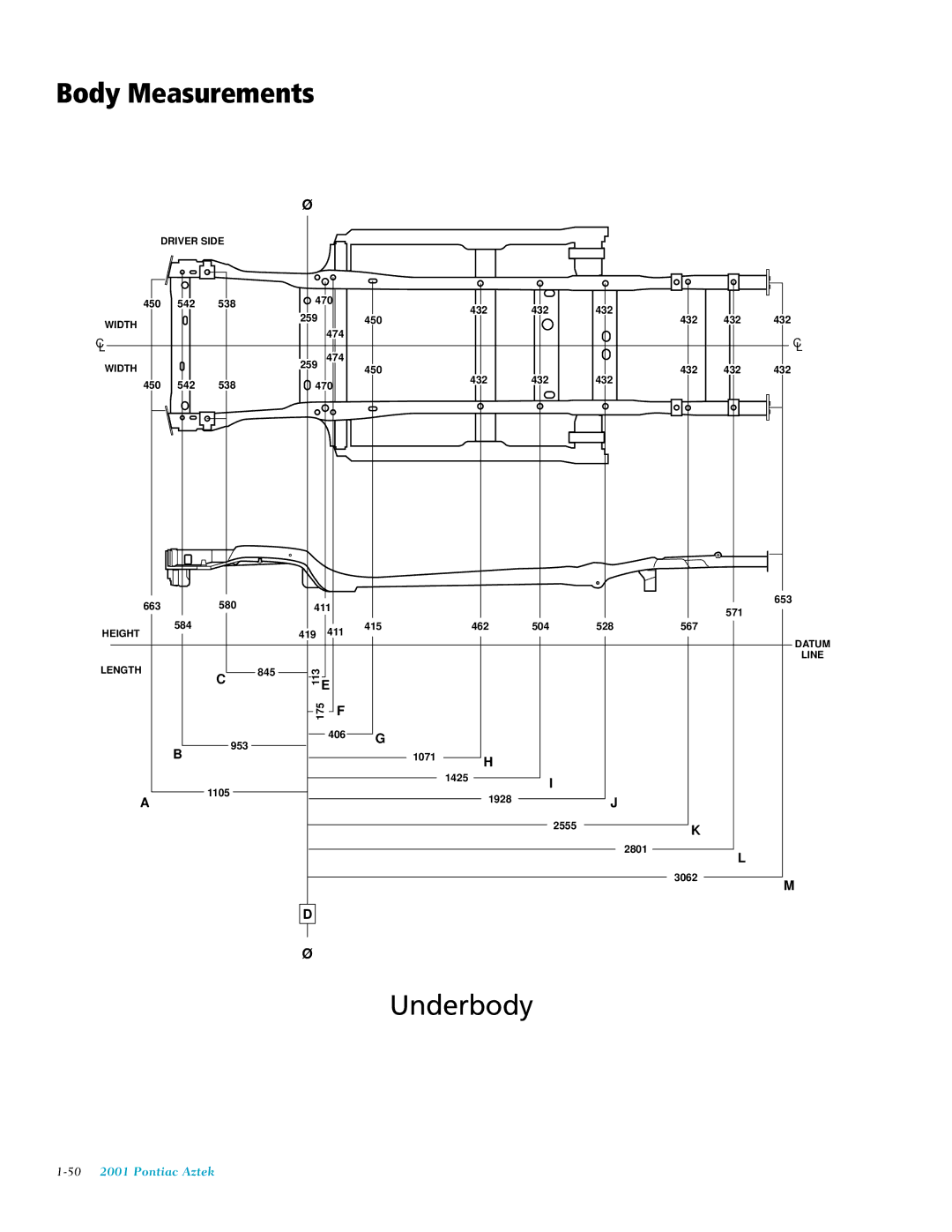 Pontiac 2001 manual Body Measurements, Underbody 