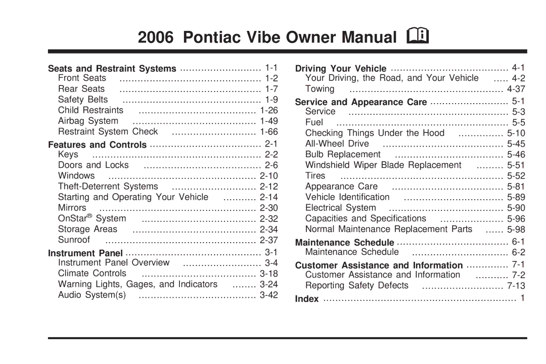 Pontiac 2006 manual Seats and Restraint Systems, Service and Appearance Care, Customer Assistance and Information 