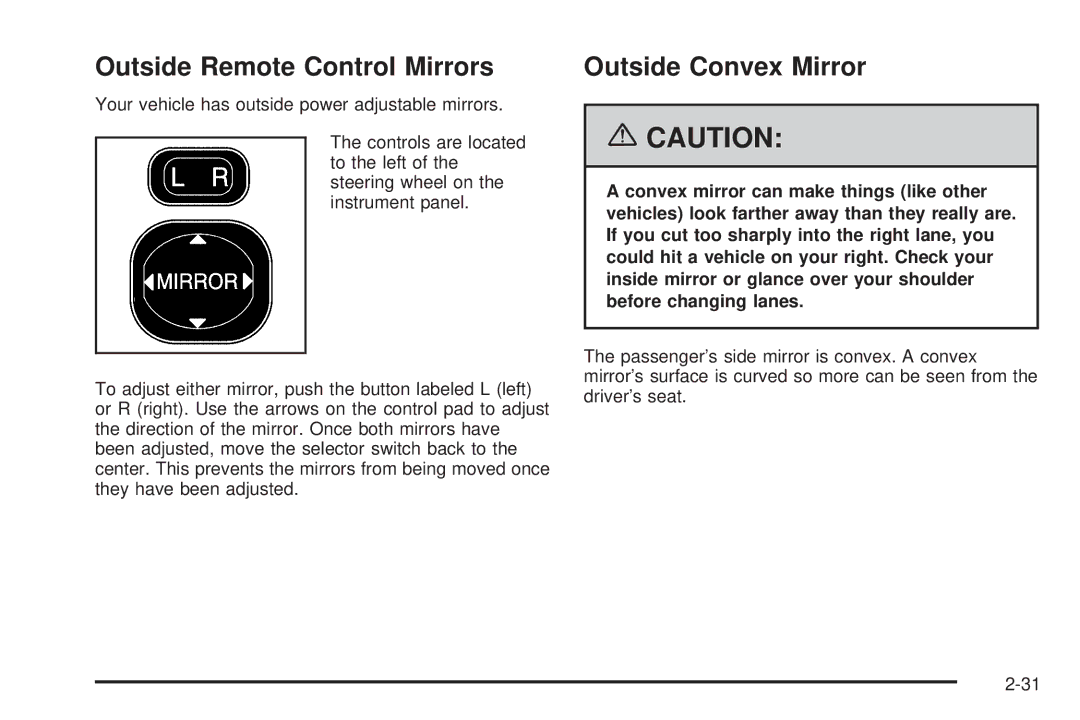 Pontiac 2006 manual Outside Remote Control Mirrors, Outside Convex Mirror 