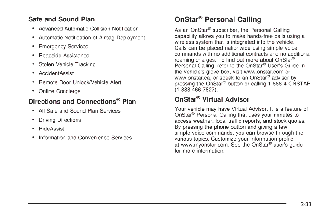 Pontiac 2006 manual OnStar Personal Calling, Safe and Sound Plan, Directions and Connections Plan, OnStar Virtual Advisor 