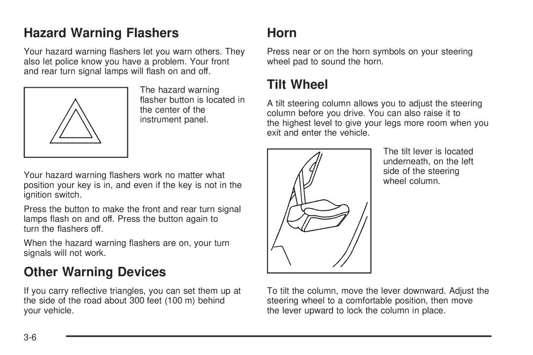 Pontiac 2006 manual Hazard Warning Flashers, Other Warning Devices, Horn, Tilt Wheel 