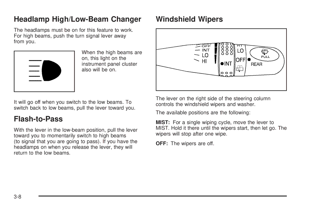 Pontiac 2006 manual Headlamp High/Low-Beam Changer, Flash-to-Pass, Windshield Wipers 