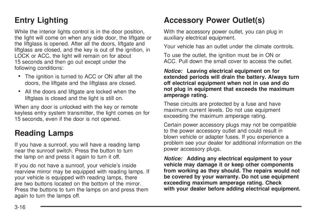 Pontiac 2006 Entry Lighting, Reading Lamps, Accessory Power Outlets, With your dealer before adding electrical equipment 