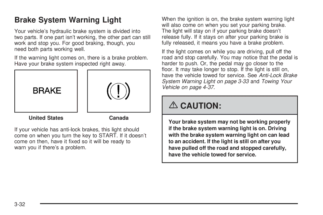 Pontiac 2006 manual Brake System Warning Light, United States Canada 