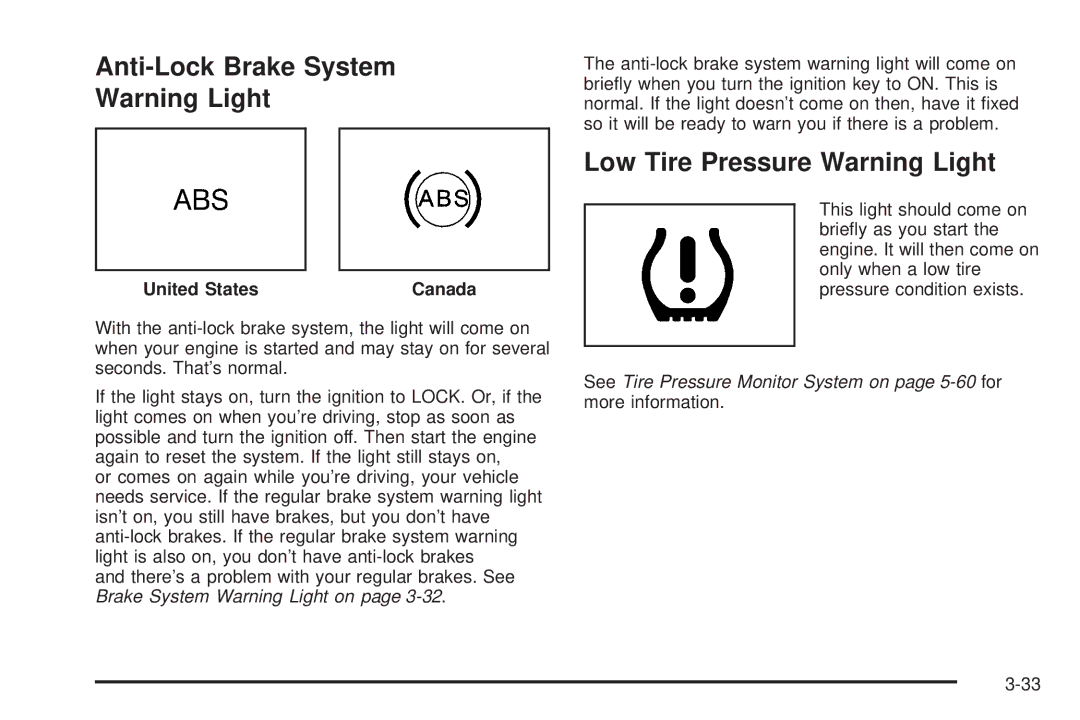 Pontiac 2006 manual Anti-Lock Brake System, Low Tire Pressure Warning Light 