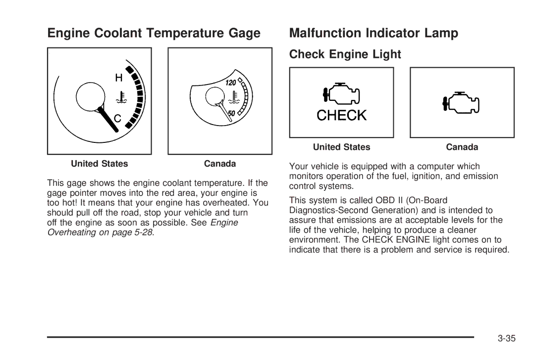 Pontiac 2006 manual Engine Coolant Temperature Gage, Malfunction Indicator Lamp, Check Engine Light 