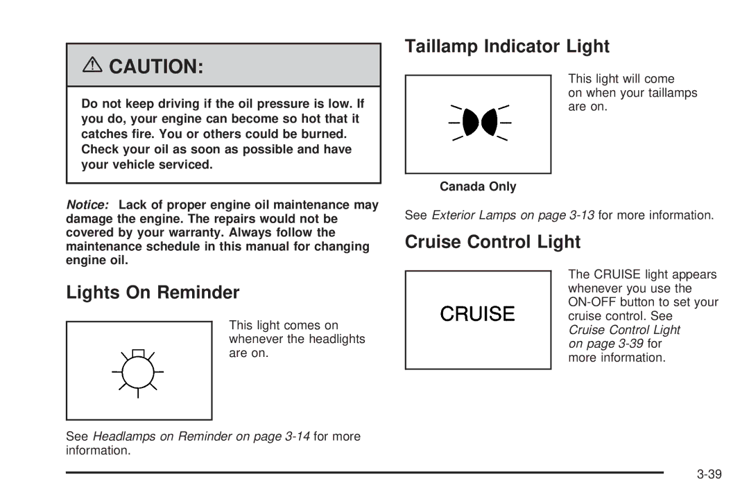 Pontiac 2006 manual Lights On Reminder, Taillamp Indicator Light, Cruise Control Light, Canada Only 