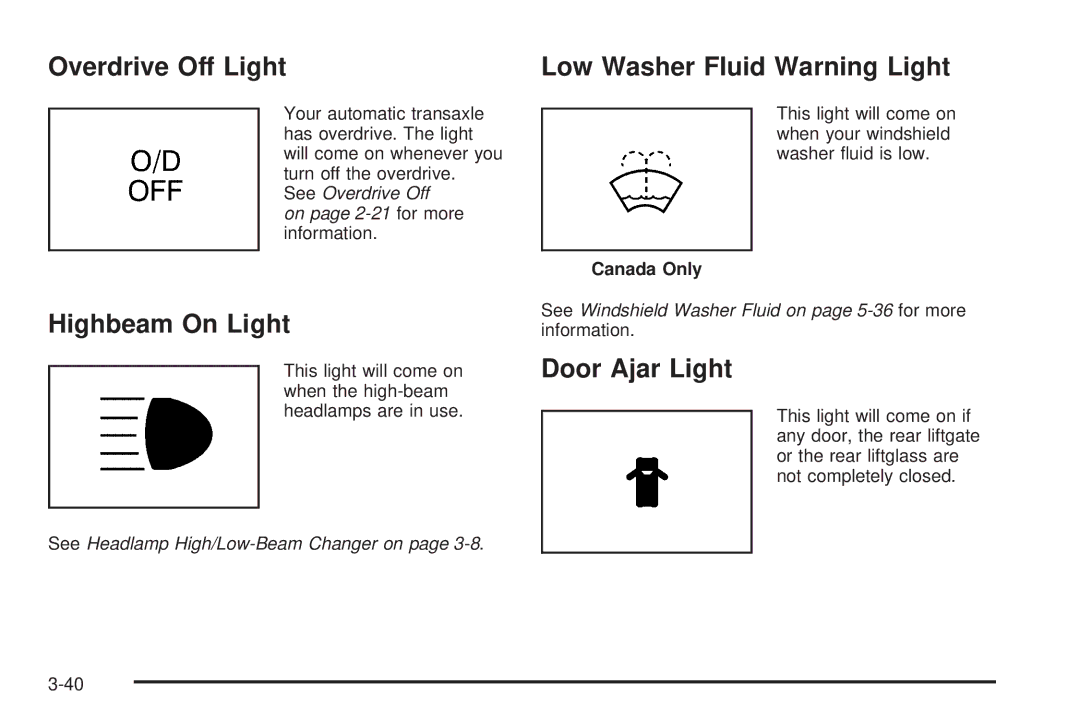 Pontiac 2006 manual Overdrive Off Light, Highbeam On Light, Low Washer Fluid Warning Light, Door Ajar Light 