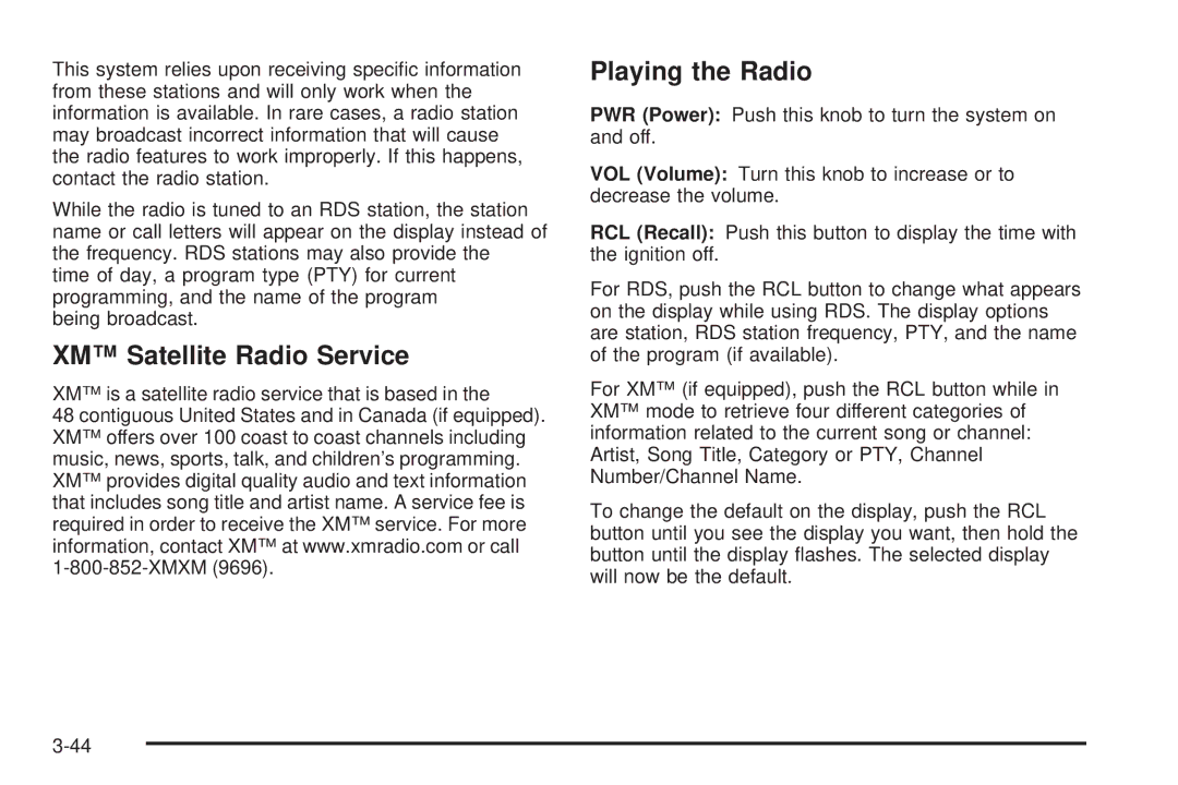 Pontiac 2006 manual XM Satellite Radio Service, Playing the Radio 