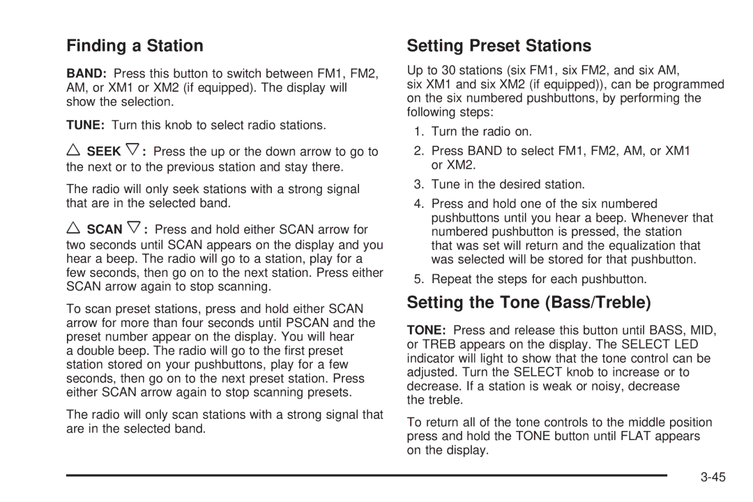 Pontiac 2006 manual Finding a Station, Setting Preset Stations, Setting the Tone Bass/Treble 