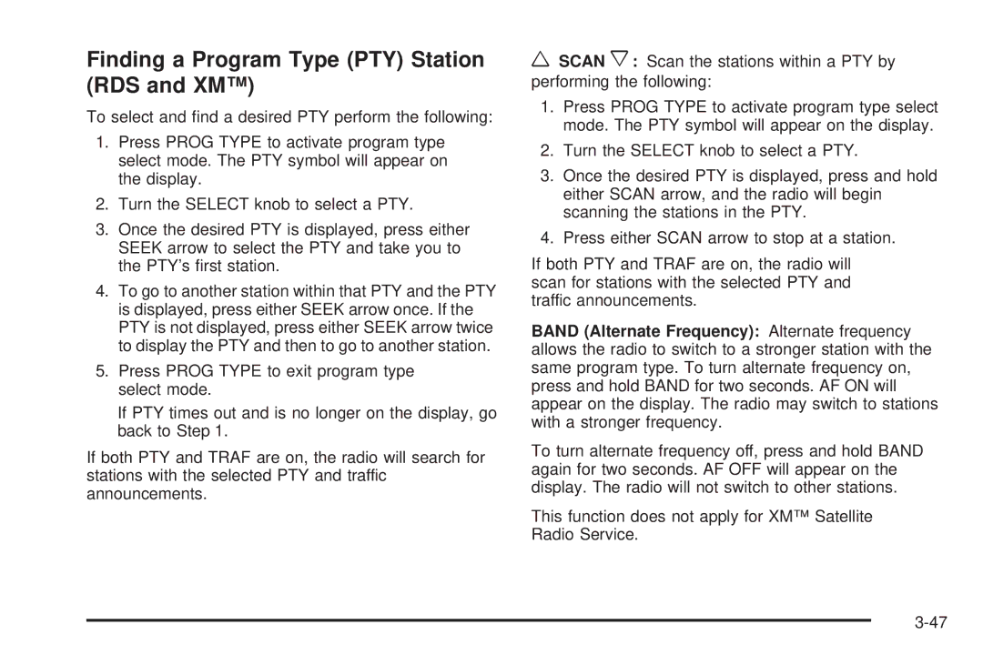 Pontiac 2006 manual Finding a Program Type PTY Station RDS and XM 