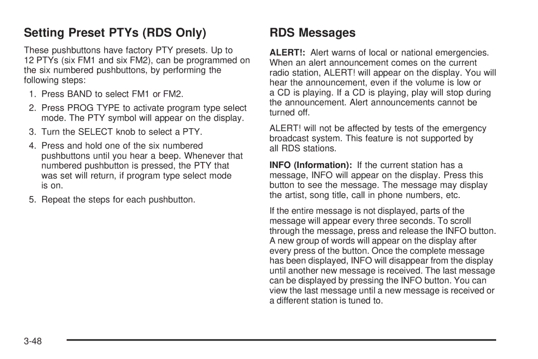 Pontiac 2006 manual Setting Preset PTYs RDS Only, RDS Messages 