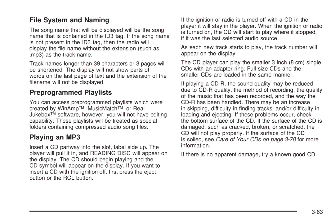 Pontiac 2006 manual File System and Naming, Preprogrammed Playlists, Playing an MP3 