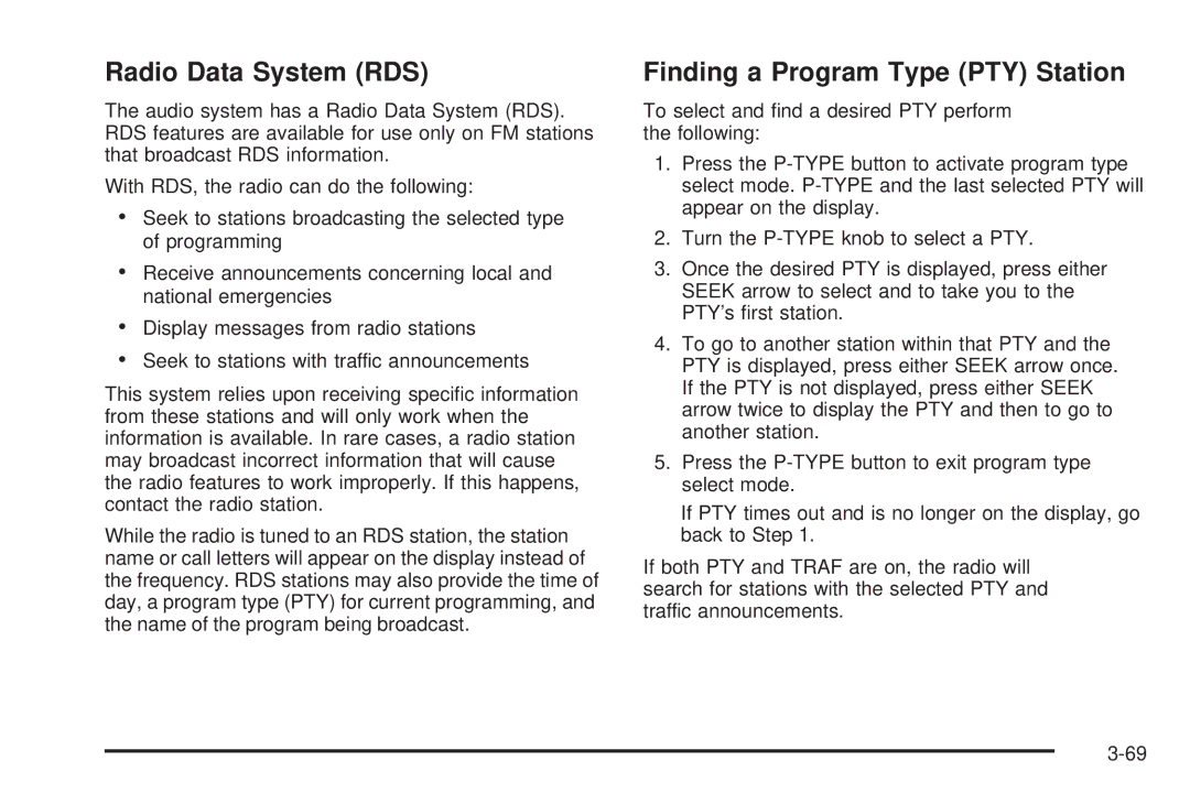 Pontiac 2006 manual Radio Data System RDS, Finding a Program Type PTY Station 