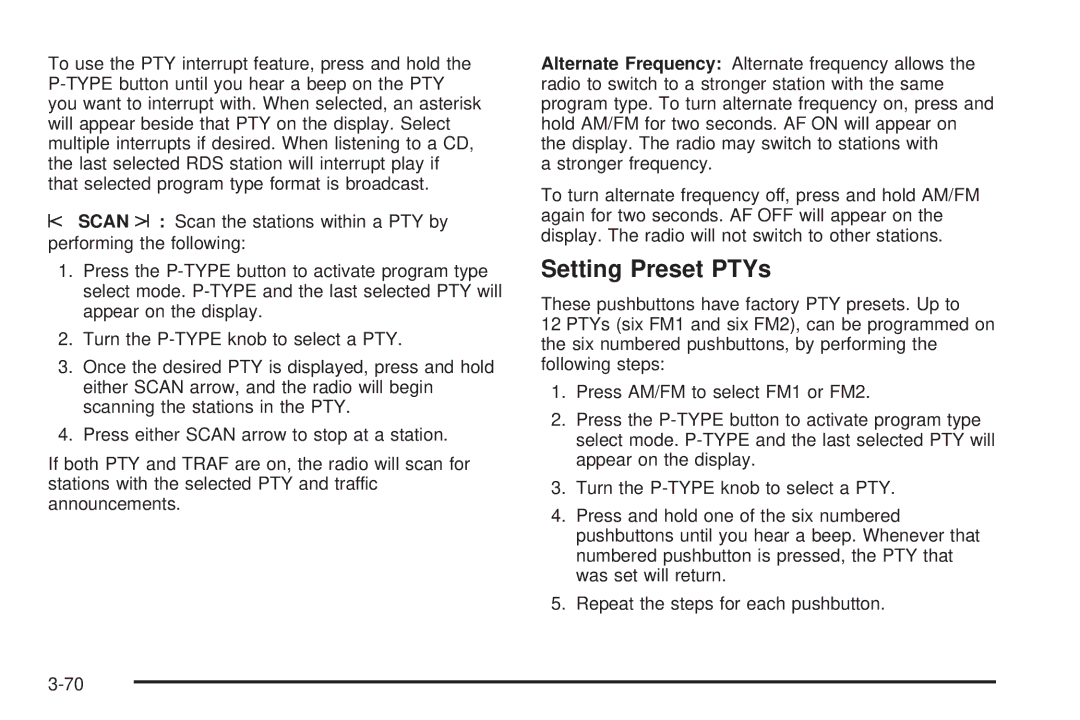 Pontiac 2006 manual Setting Preset PTYs 