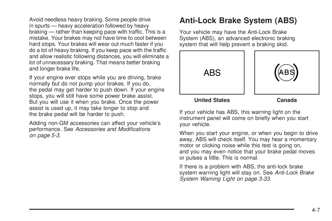 Pontiac 2006 manual Anti-Lock Brake System ABS, United States Canada 