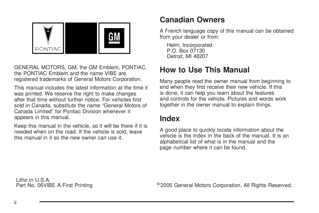 Pontiac 2006 manual Canadian Owners, How to Use This Manual, Index 