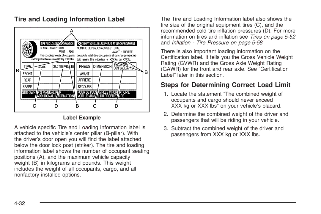 Pontiac 2006 manual Tire and Loading Information Label, Steps for Determining Correct Load Limit, Label Example 