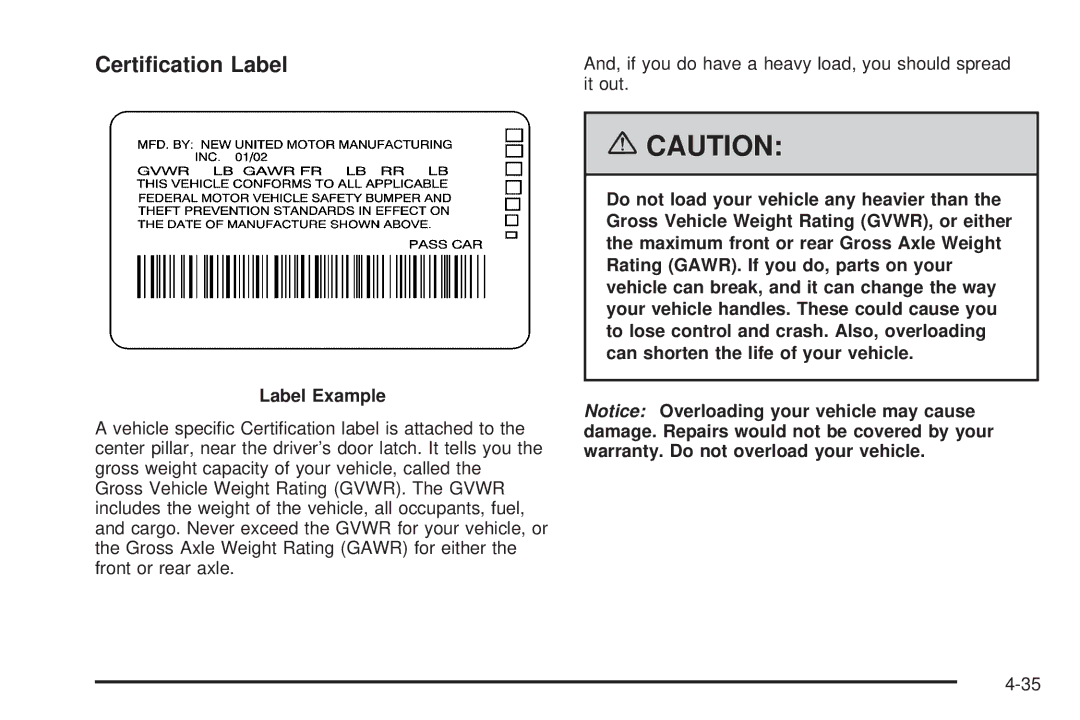 Pontiac 2006 manual Certiﬁcation Label, Label Example 