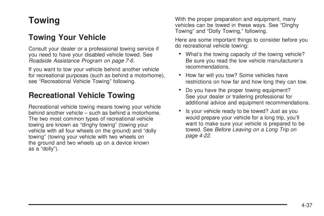 Pontiac 2006 manual Towing Your Vehicle, Recreational Vehicle Towing 