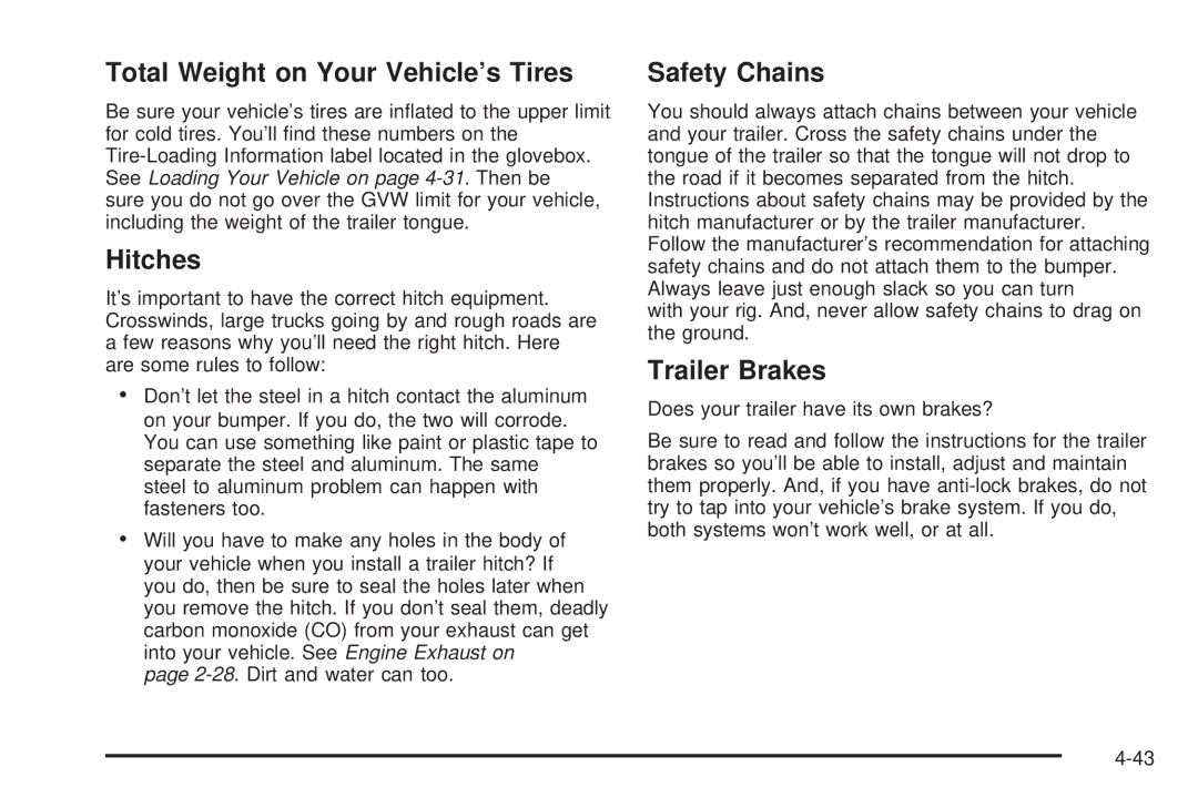 Pontiac 2006 manual Total Weight on Your Vehicle’s Tires, Hitches, Safety Chains, Trailer Brakes 