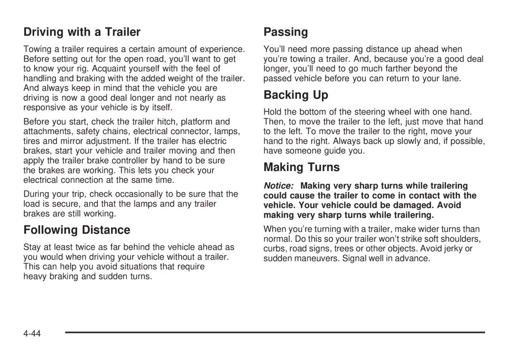 Pontiac 2006 manual Driving with a Trailer, Following Distance, Passing, Backing Up, Making Turns 