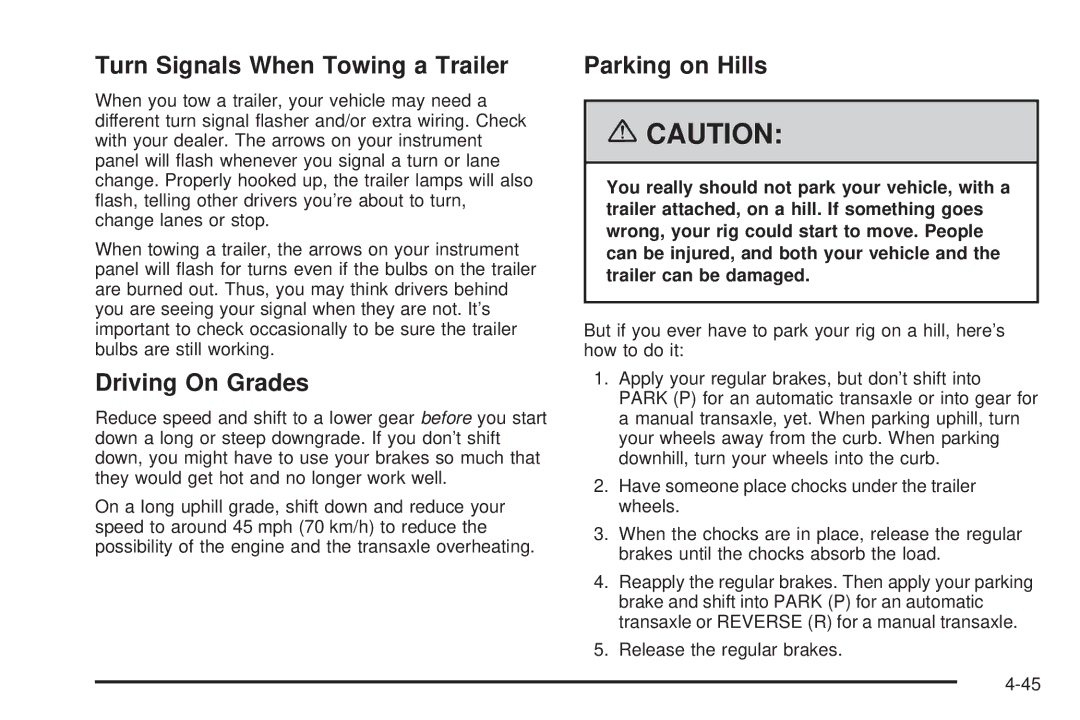 Pontiac 2006 manual Turn Signals When Towing a Trailer, Driving On Grades, Parking on Hills 