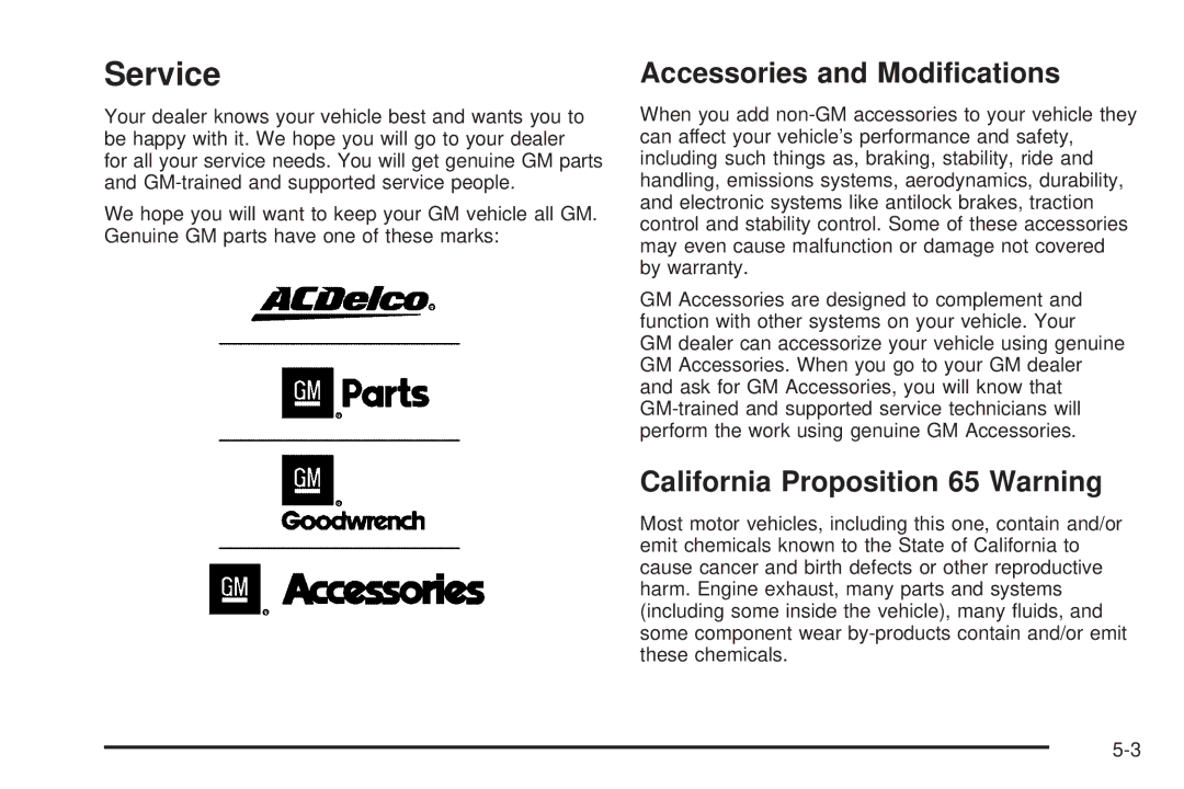 Pontiac 2006 manual Service, Accessories and Modiﬁcations, California Proposition 65 Warning 