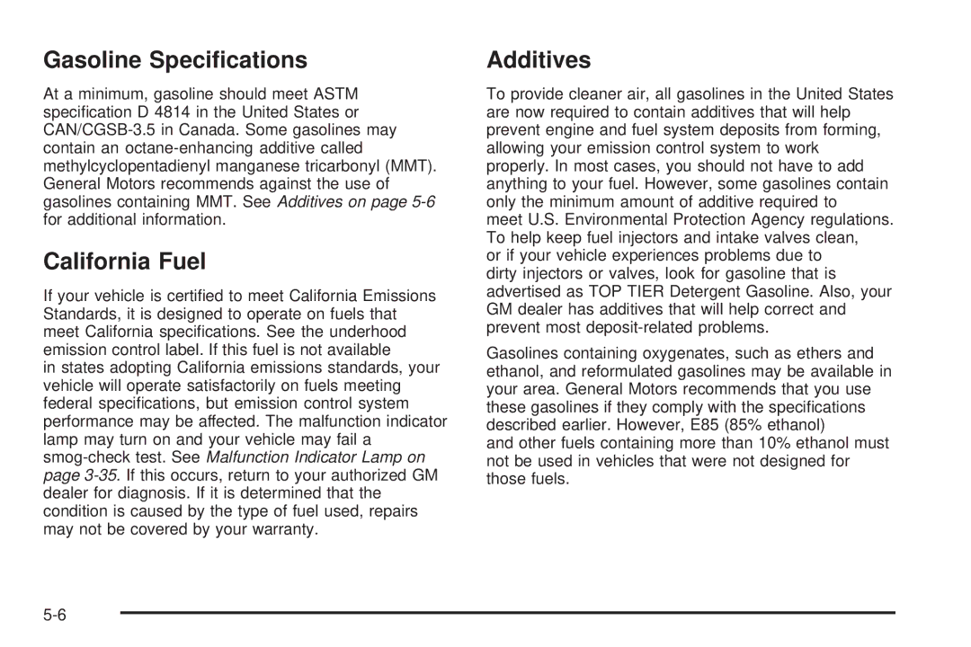 Pontiac 2006 manual Gasoline Speciﬁcations, California Fuel, Additives 