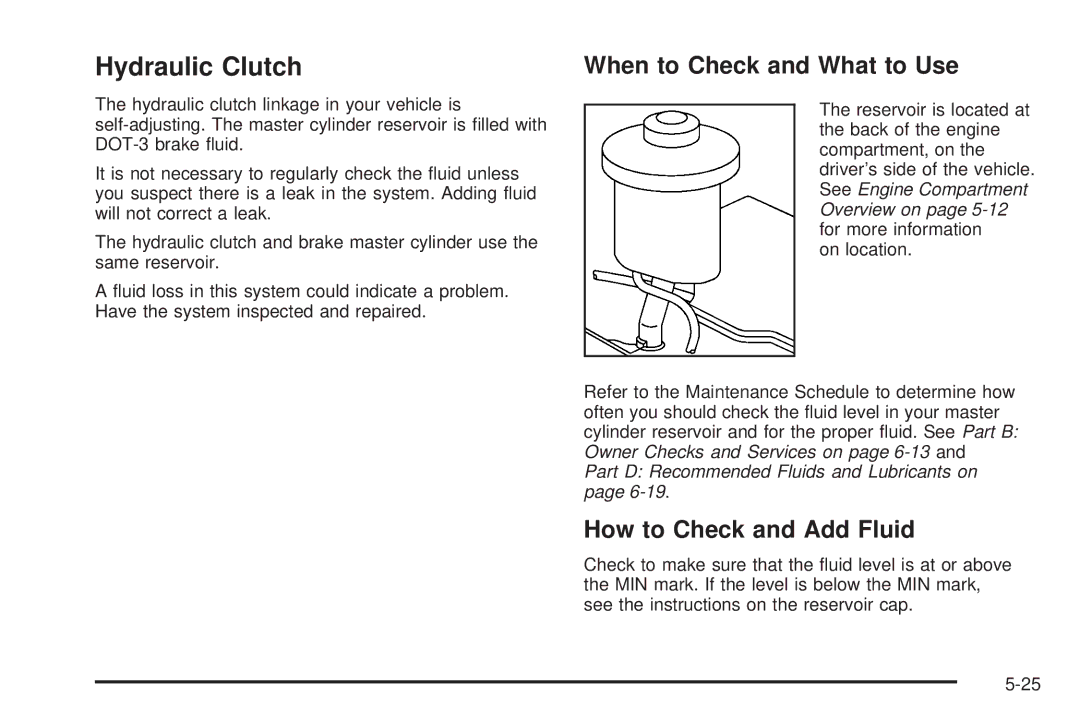 Pontiac 2006 manual Hydraulic Clutch, When to Check and What to Use, How to Check and Add Fluid 